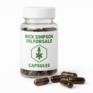 Rick Simpson Oil capsules in a sealed container, full-spectrum RSO designed for easy dosing and consistent wellness support.