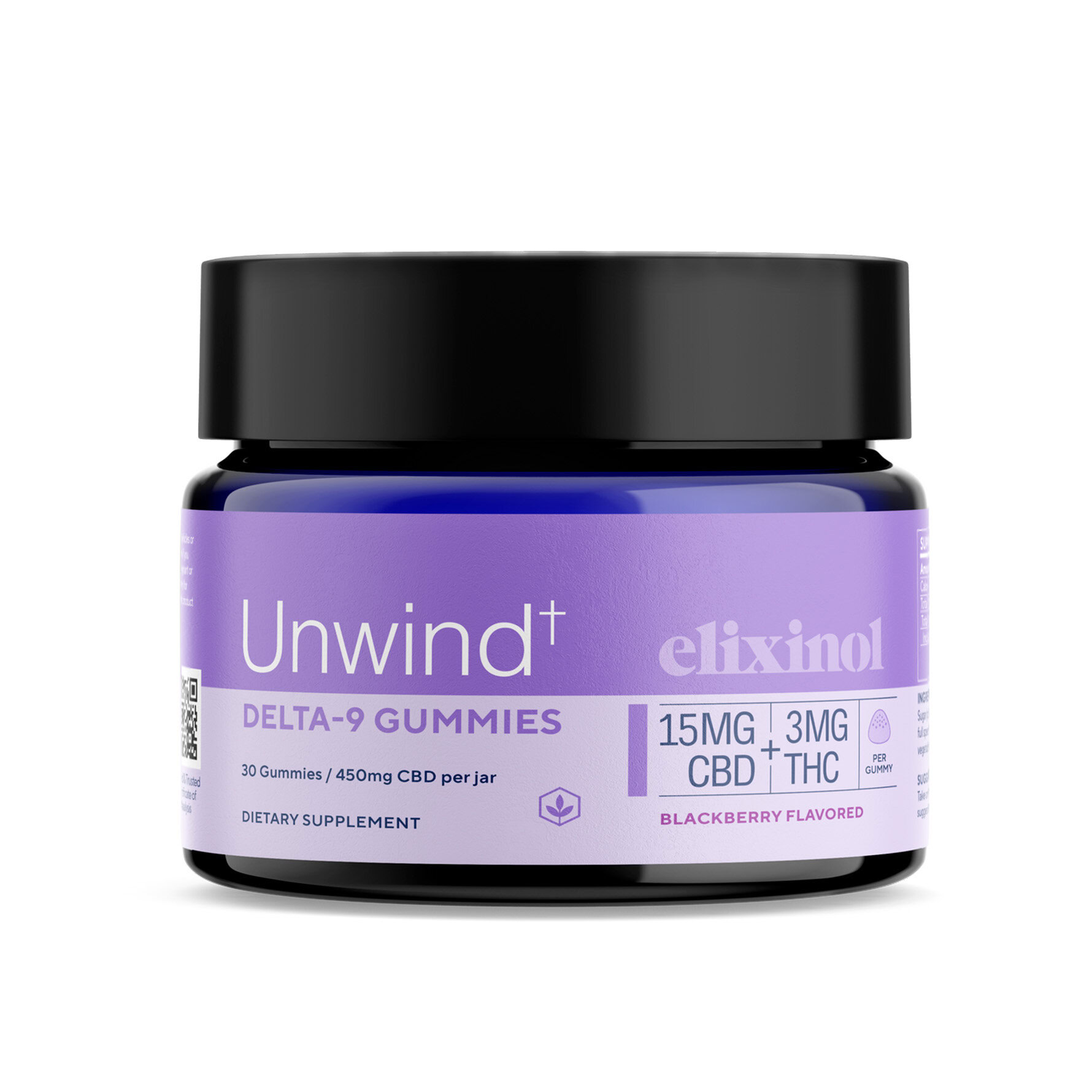 Elixinol, Unwind 3mg THC + 15mg CBD Gummies, Blackberry, Full Spectrum, 30ct, 90mg THC + 450mg CBD