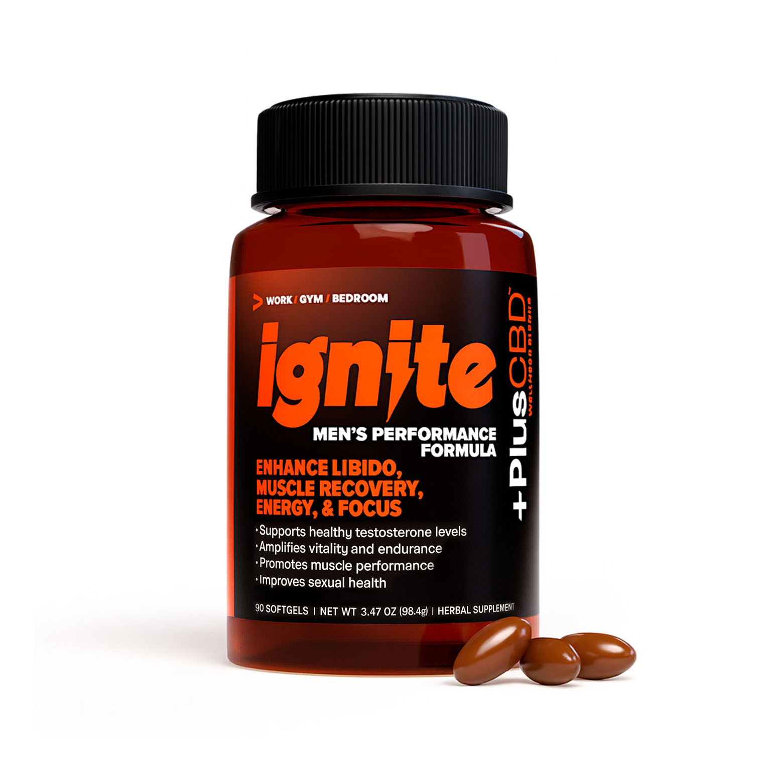 PlusCBD, Ignite Men's Performance CBD Softgels, Full Spectrum, 90ct, 1350mg CBD